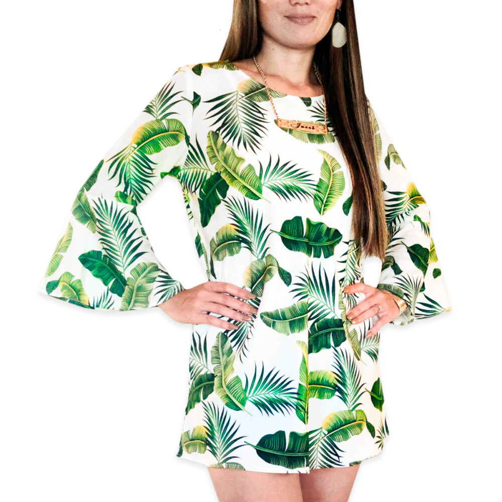 Banana Leaf Print Bell Sleeve Mini Dress