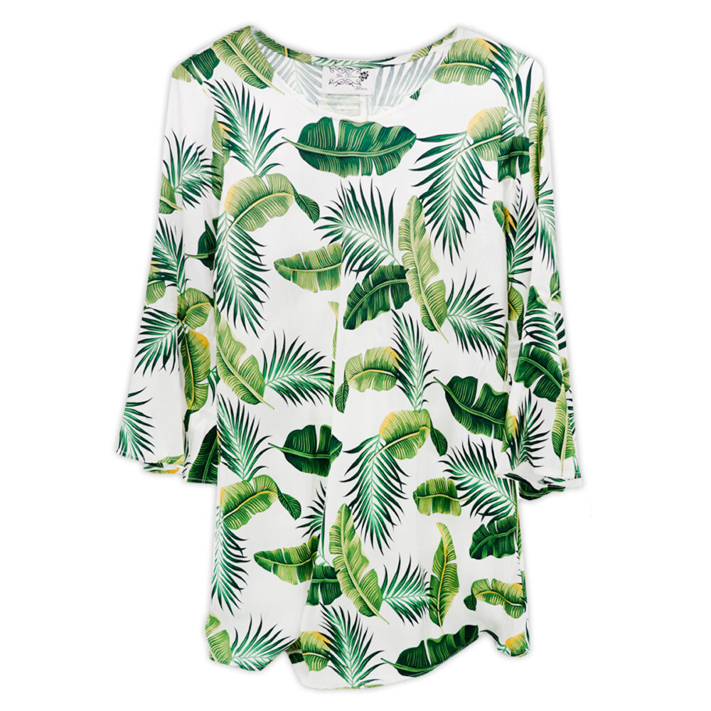 Banana Leaf Print Bell Sleeve Mini Dress